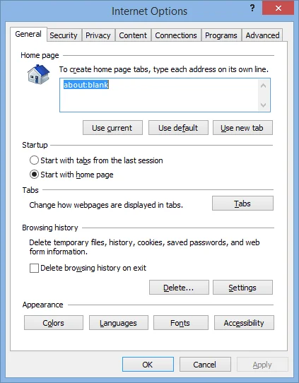Internet Options dialog
