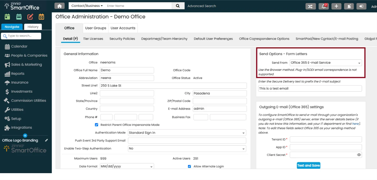 Office Administration: Office 365 email service and Modern Authentication settings