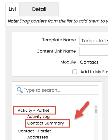 Page Layout Configuration: Contact Summary portlet selection